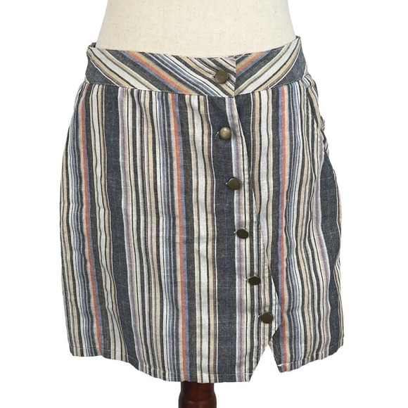 FASHION ON EARTH ASYMMETRIC BUTTON FRONT STRIPE LINED MINI SKIRT MULTI LARGE EUC - Picture 1 of 8